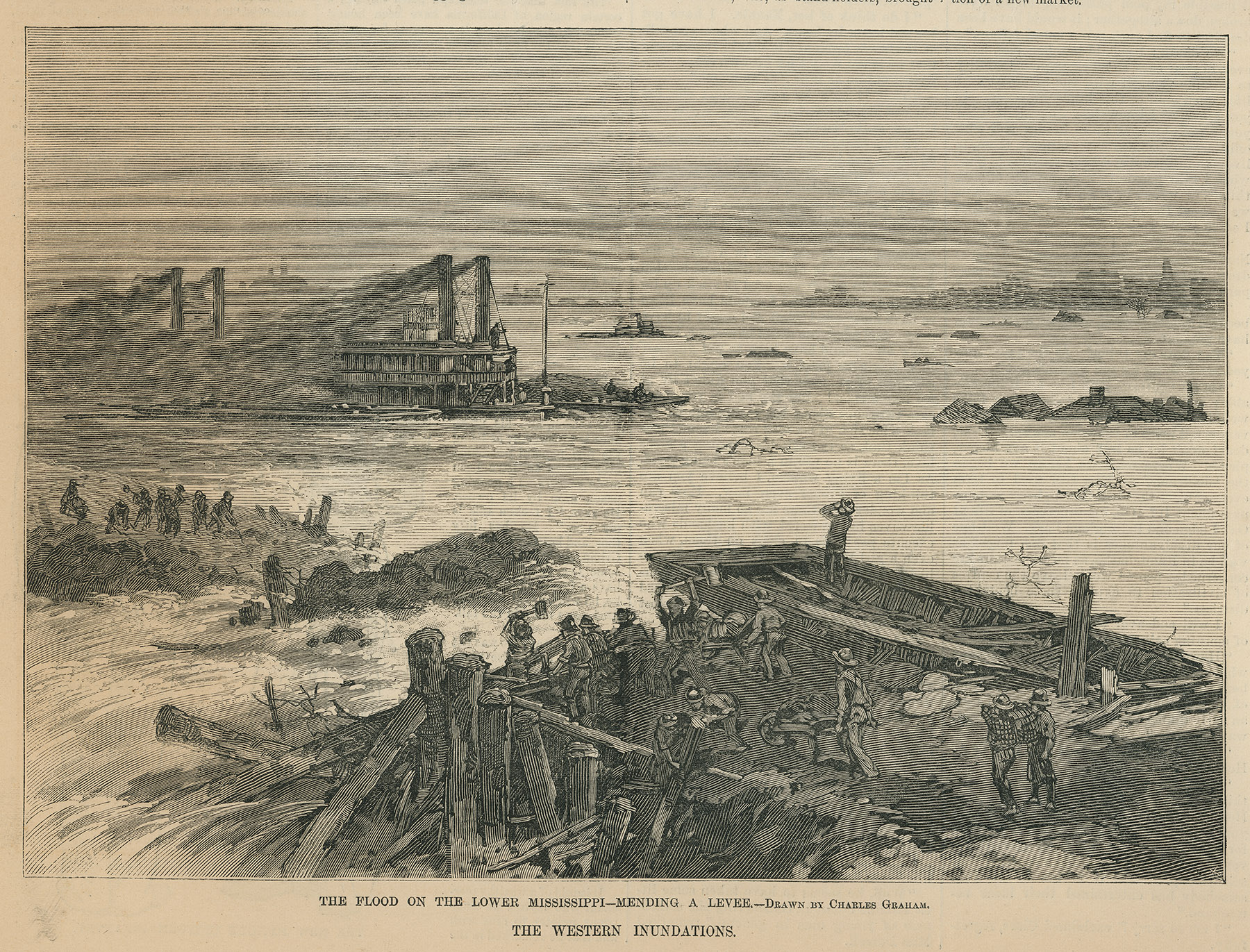 drawing of steamboats in the background and men on a broken levee in foreground drawing of steamboats in the background and men on a broken levee in foreground